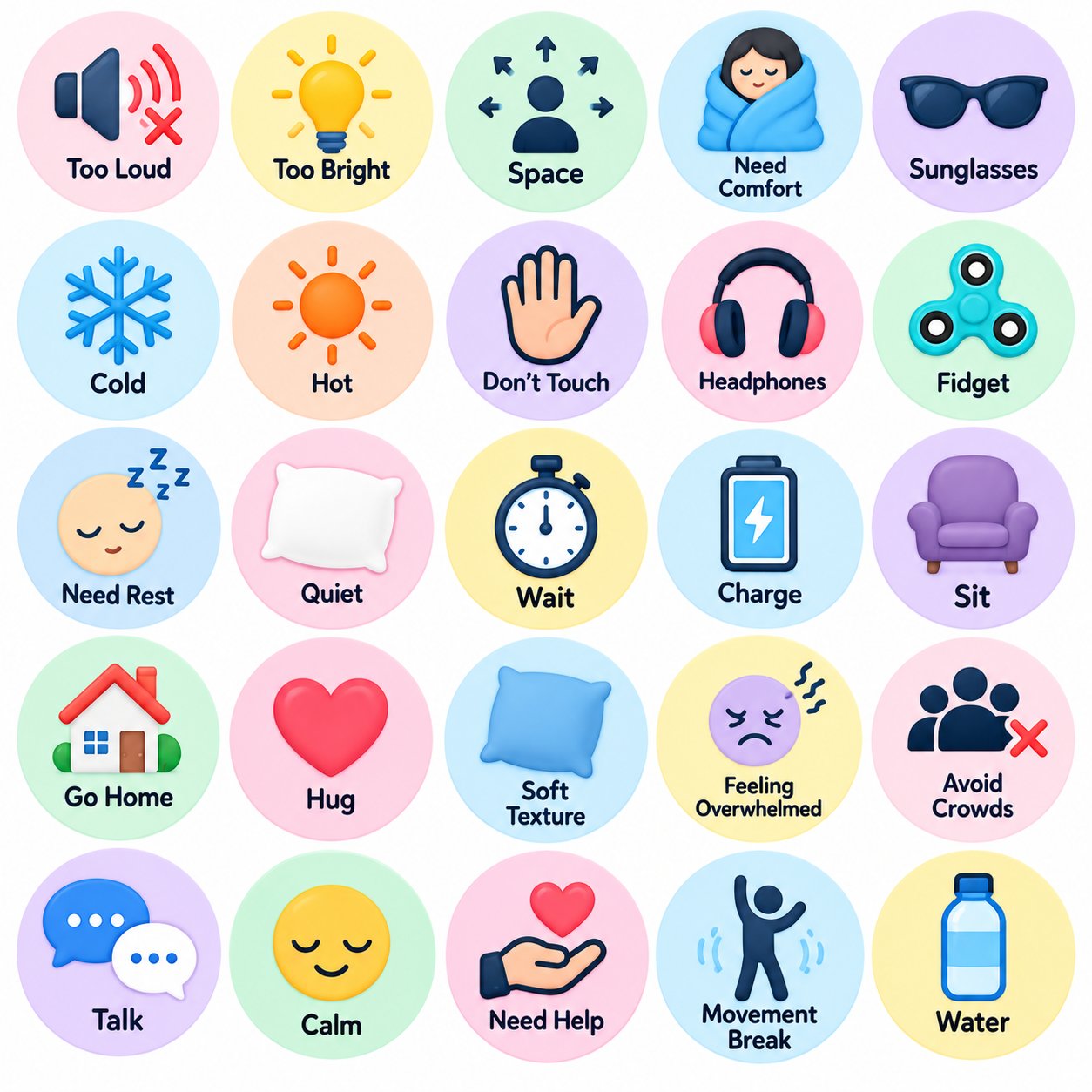 Sensory and comfort pictures: Too Loud, Too Bright, Space, Headphones, Fidget, Need Rest, Wait, Avoid Crowds, Movement Break and more