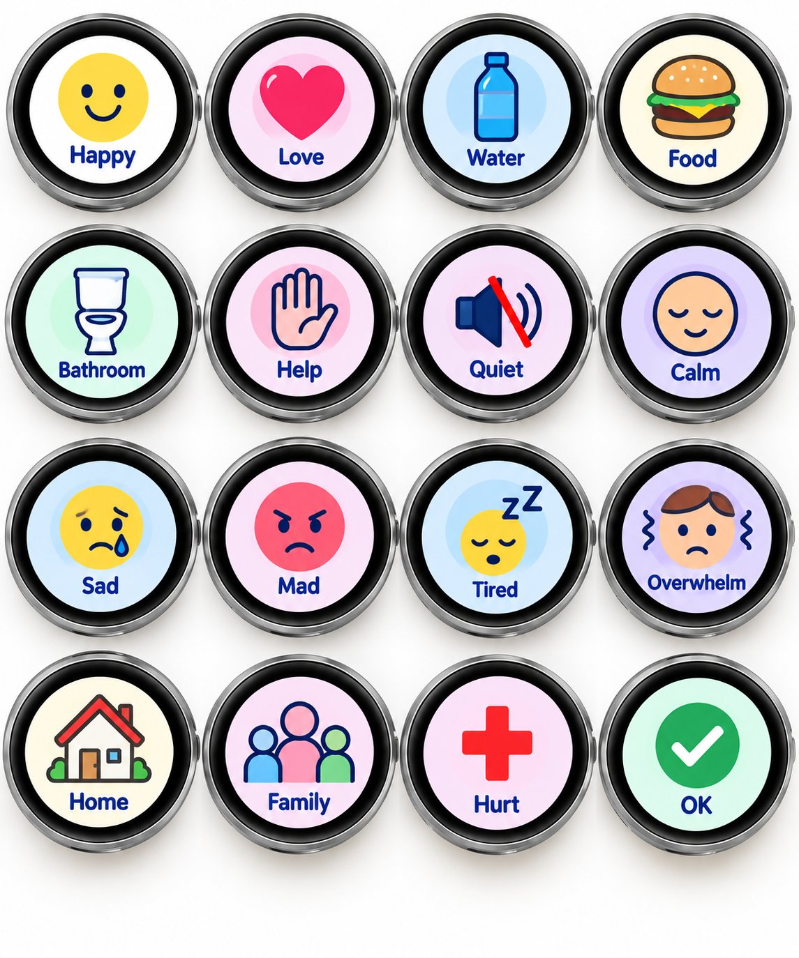 My Voice Pin screens showing Happy, Water, Food, Bathroom, Help, Quiet, Calm, Sad, Mad, Tired, Home, Family, Hurt and OK
